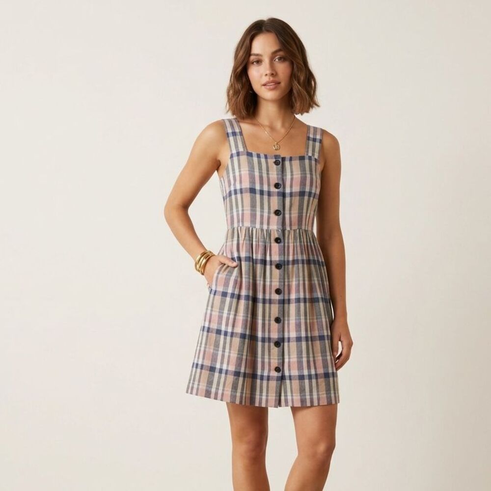 Gal Meets Calm Linen Blend Dress Women 4P Petite Lindsay Tartan Plaid